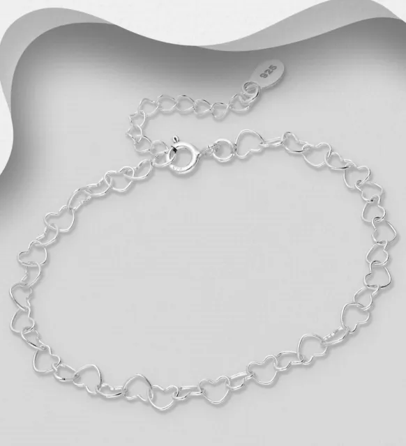 Bracelet Hallmark 925 Sterling Silver Linked Love Hearts Length 15cm to 17.25cm