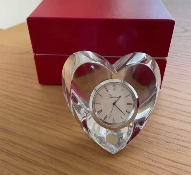 Baccarat Table Clock Heart Crystal Clear In Box Used Excellent New Battery