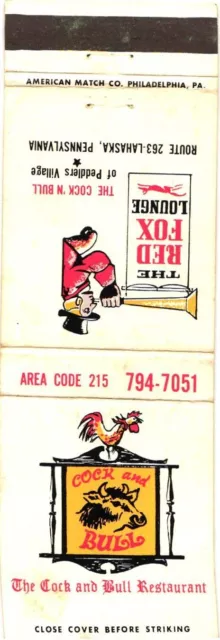 The Cock And Bull Restaurant, The Red Fox Lounge, Penn Vintage Matchbook Cover