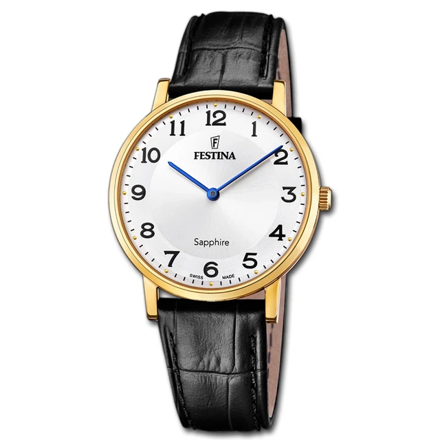 Montre-bracelet Jumeau K0211N Plaqué Or, Cadran Blanc, Cuir Noir - Fabriqué En Suisse