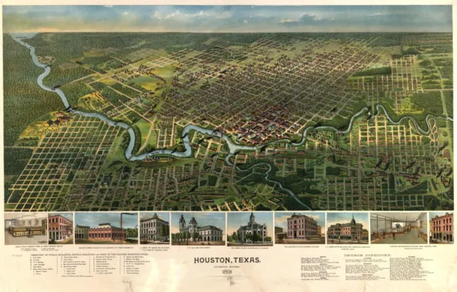 Houston, Texas, 1891, 1800's, TX Vintage Map, Old Map, New Reproduction Print