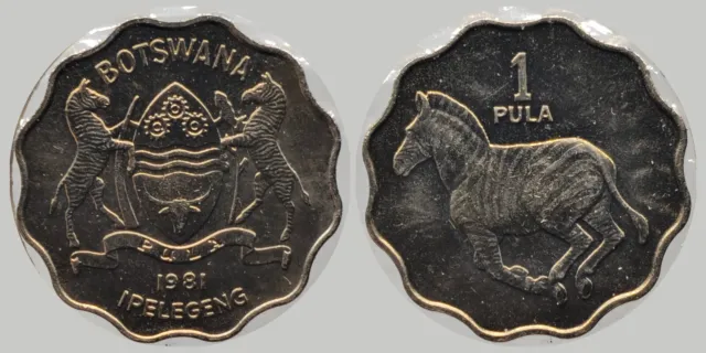 1981 Botswana 1 Pula Coin, National arms, Burchell's zebra, Uncirculated