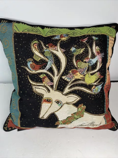 VTG Laurel Burch Oh Deer Reindeer Birds Tapestry 18X18 Throw Pillow Velour Back