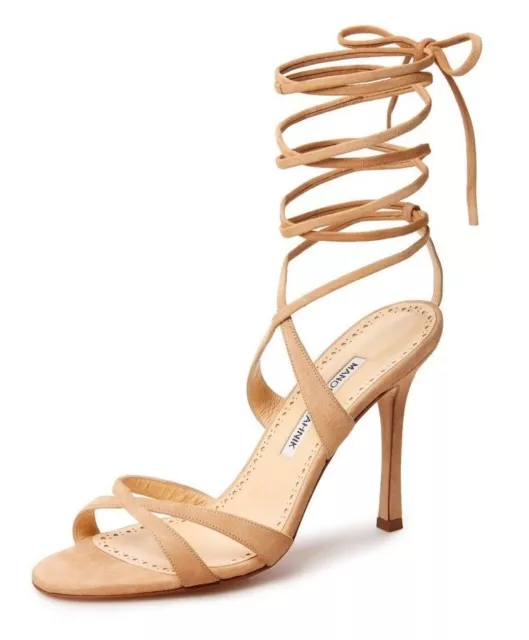 $745 NEW Manolo Blahnik CRISS 105 Suede NUDE Beige Sandals Shoes 36 39 40 40.5