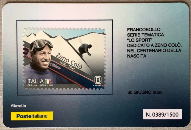 ITALIA 2020 ZENO COLO' SCI SPORT TESSERA FILATELICA FRANCOBOLLO tiratura 1500