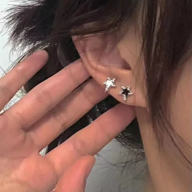 Black White Double Star Simple Shinning Pentagram Star Stud Earring For Wome SN❤