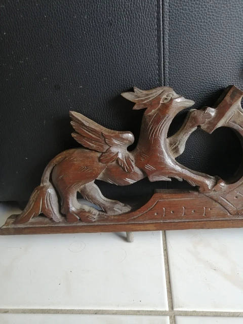 Antique French Wood Carved Oak  Dragon Griffin Pediment Architectural Salvage 2