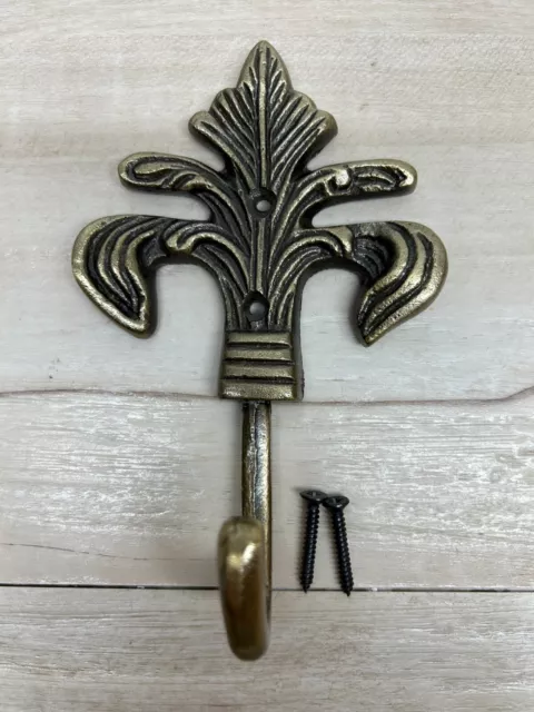 Vintage Fleur De Lis Cast Iron Rustic Gold Color Single Coat Hook Wall Mount