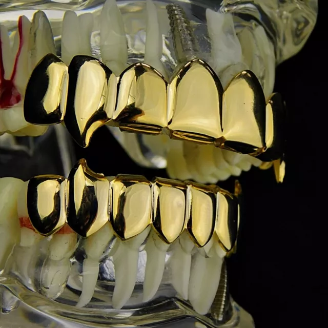 14k Gold Plated Fang Grillz Set Eight Top 8 Bottom 16 PC Teeth Vampire Grills