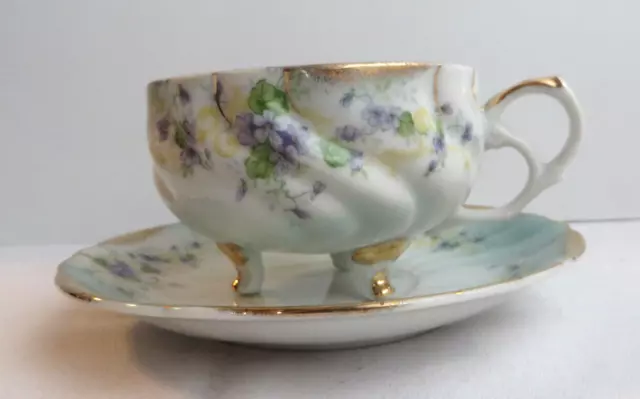 Vintage Lefton Hand Painted China Blue Violet Flower Footed Tea Cup & Saucer