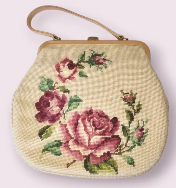 VTG 1950'S Wool Needlepoint Handbag Leather Trim Roses XL 😍