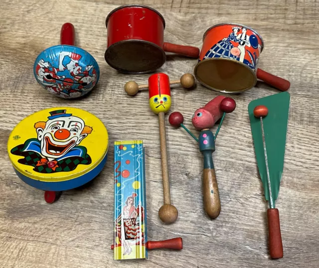 Vintage LOT of 8 Noisemakers Tin Litho USA Clowns, Wooden Cat & Boy