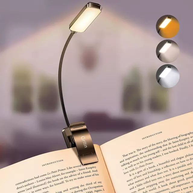 Gritin 9 LED Rechargeable Book Light for Reading in Bed - Eye Caring 3 Color Tem