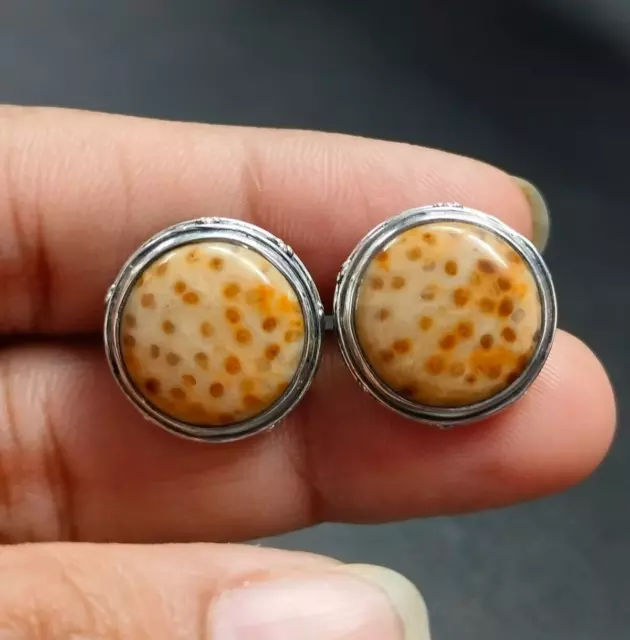 Gemelos redondos de jaspe de madera de palma de Luisiana, joyería de plata...