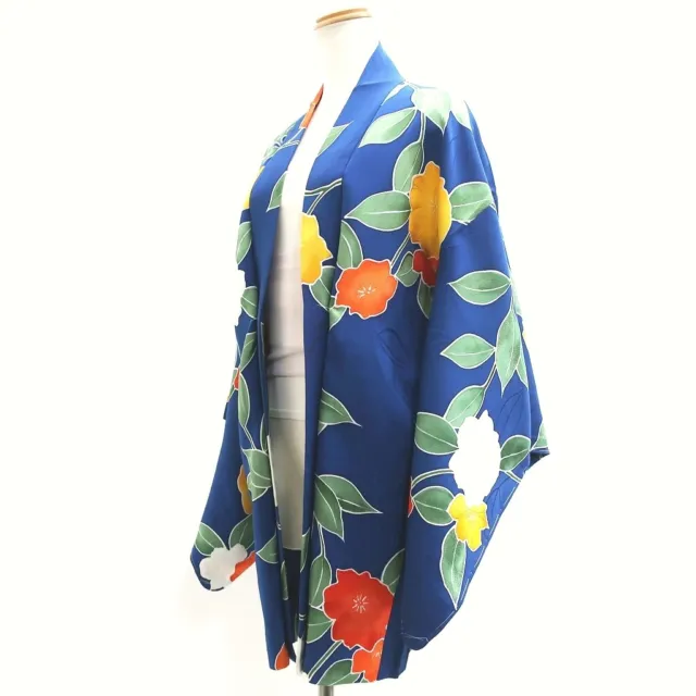 9241E3 Silk Vintage Japanese Kimono Haori Jacket Camellia Roketsuzome