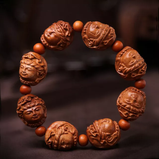 Kwan Yin Head Prayer Beads Chinese Wood Carving Sculpture Hand Strings Bracelet