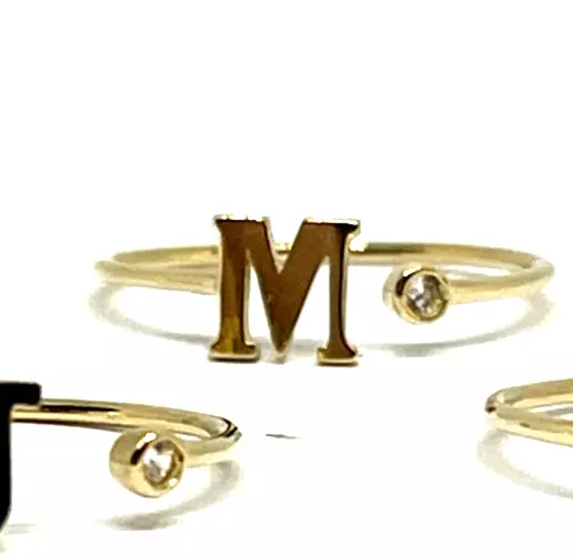 10Kt Solid Gold Cubic Zirconia Adjustable Initial  M.  Ring Size 7 Free Shipping