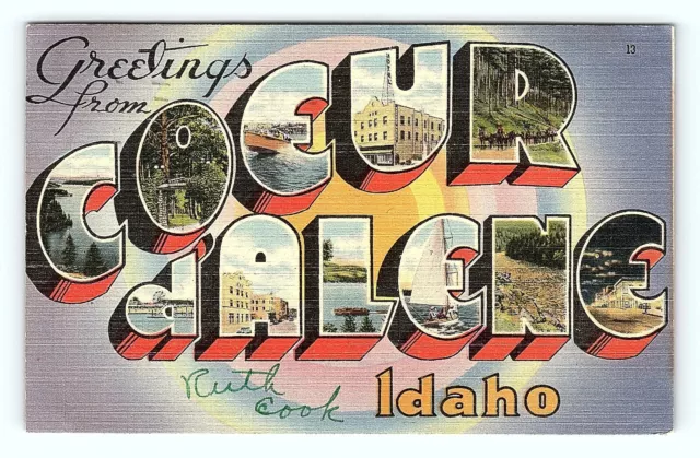 Coeur d'Alene Idaho Big Letter Linen Postcard Greetings Postmarked 1958 pc65