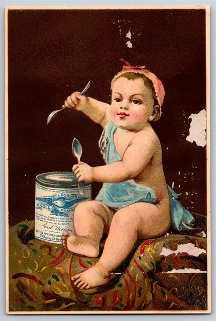 Gail Borden's Eagle Condensed Milk Victorian Trade Card Kid Eats From Can