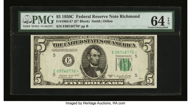 1950C $5 Federal Reserve Note - 1964-E* - Star - PMG 64 EPQ - Richmond