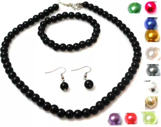 Classic Faux Pearl Necklace Earrings & Bracelet Jewellery Set Vintage