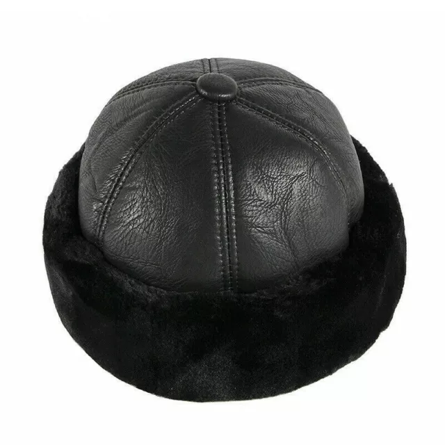 Men Faux Leather Fur Beanie Hat Skullcap Sailor Cap Cuff Winter Ski Brimless