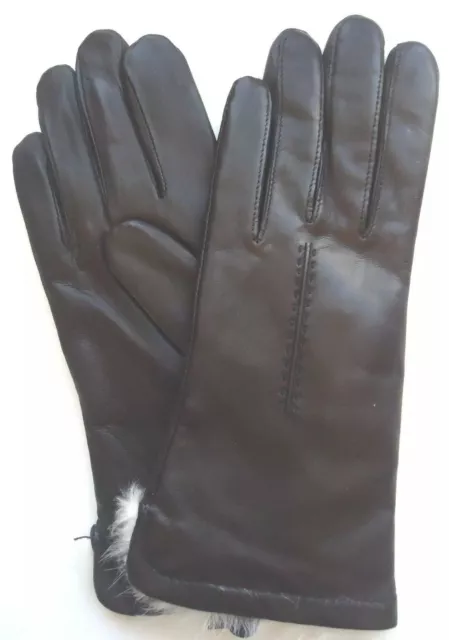 Ladies Fownes White Rabbit Fur Genuine Leather Gloves,Black, Large