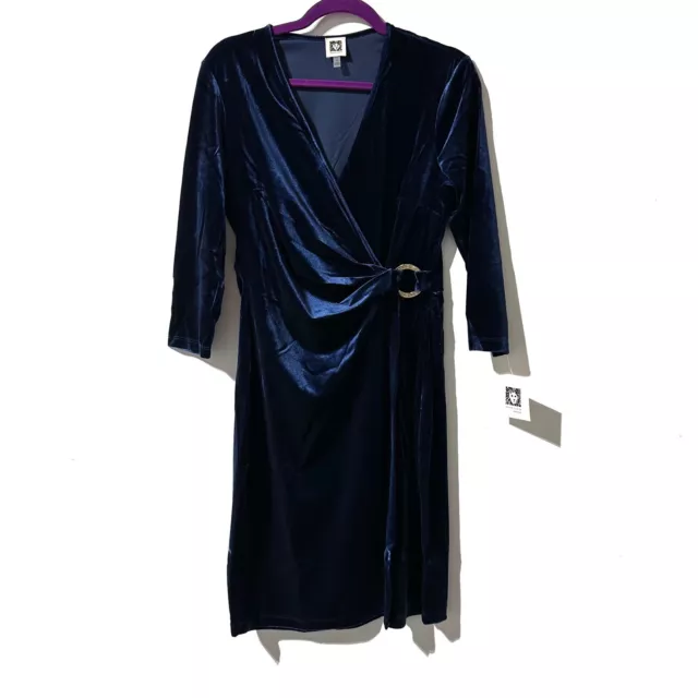 Anne Klein Velvet Faux Wrap Dress 3/4 Sleeve Size 10 Navy Blue Sheath NWT