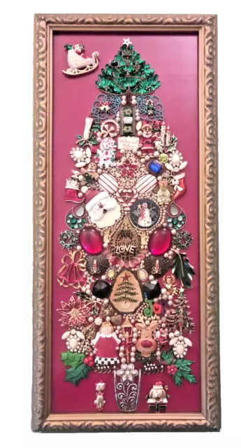 Hand Crafted Framed Jewelry Art Christmas Tree 21 1/2" x 9 1/2" w/VTG Jewelry