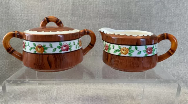 Vintage Orchard Ware Wood Grain and Roses Sugar & Creamer - Made in Japan