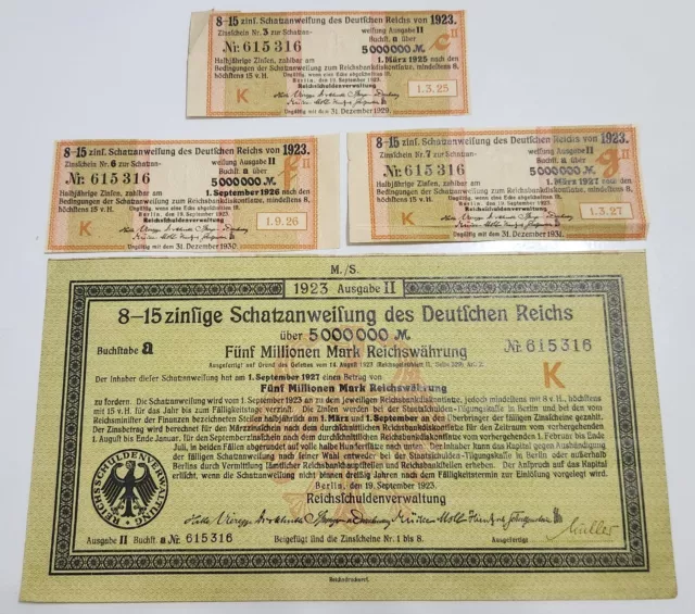 Germany 🇩🇪 Five Million Mark 5,000,000 Treasury Bond Note & Three Coupons 1923