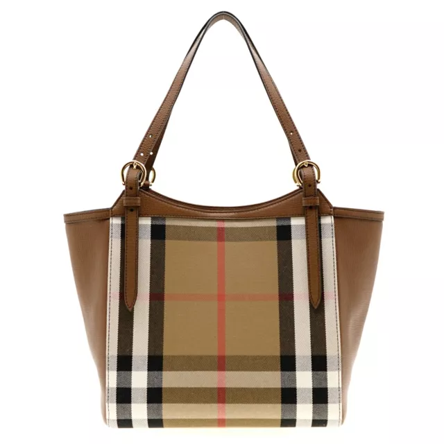 Burberry Canterbury Tote Shoulder Bag House Check Derby Canvas Tan Leather New