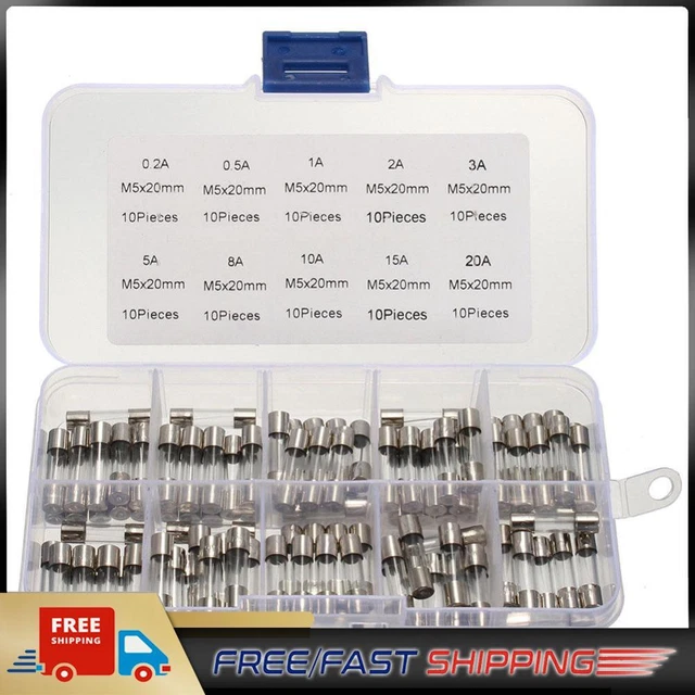 100 pz fusibili tubo di vetro per auto assortiti 10 tipi 0,2 A-20 A fusibile tubo di vetro fusibile fine