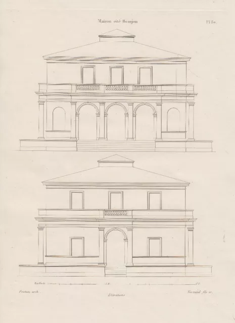 1837 Haus in BEAUJON Paris 2 Original Drucke Antique Prints Architektur Protain