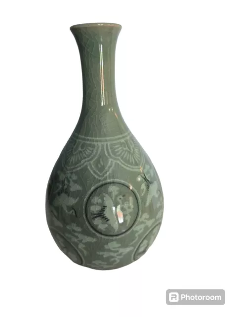 Luyuan? Korean Celadon Glazed Pottery Flying Cranes Vase 8" Tall Crazing