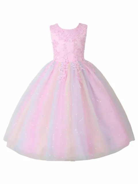 Kids Flower Girls Tulle Tutu Dress Pageant Party Gown Sequins Rainbow Dresses