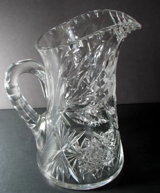 ABP American Brilliant Cut Glass Crystal Pitcher Jug Hobstars Fans Floral Cut 9"