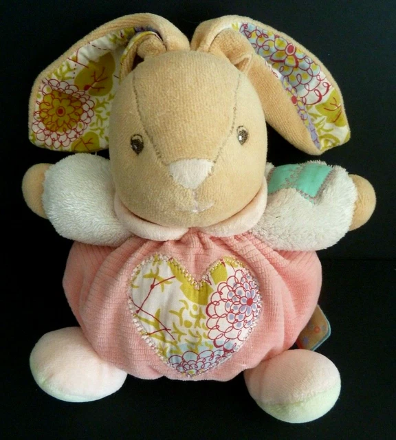 B9. DOUDOU BOULE KALOO LAPIN ROSE BRAS BLANC COEUR FLEUR VERT 24cm 2012 - TBE