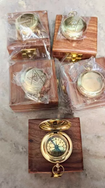 Lots Of 5 Etching Brass Compass Pocket Style Handmade Push Button Compass W/ Box