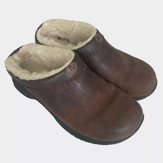 Merrell Womens Clogs Mocs Size 7 Encore Chill Stitch Bug Brown Sherpa Lined MINT
