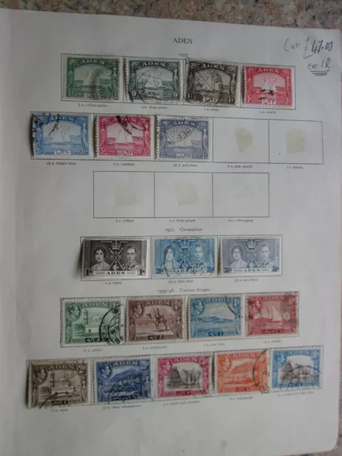 Aden used stamps on four old Crown album pages.