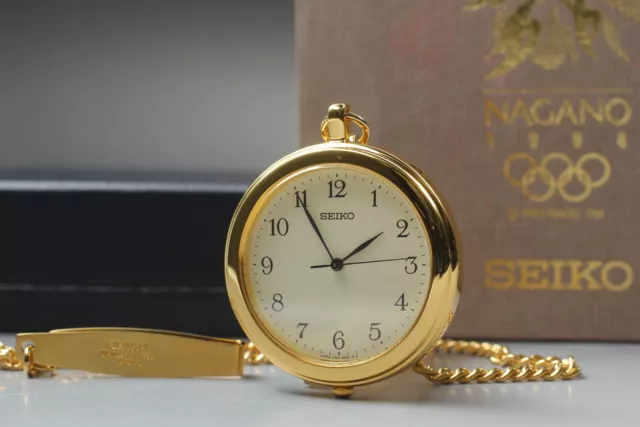 [Near MINT] SEIKO Pocket Watch 7N01-9A00 Gold Quartz 1998 Nagano Olympics Model