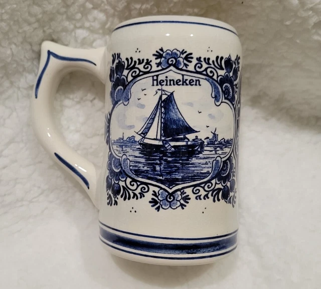 Vintage Heineken Delft Blue Holland Porcelain Beer Stein Mug Windmill Dutch Boat