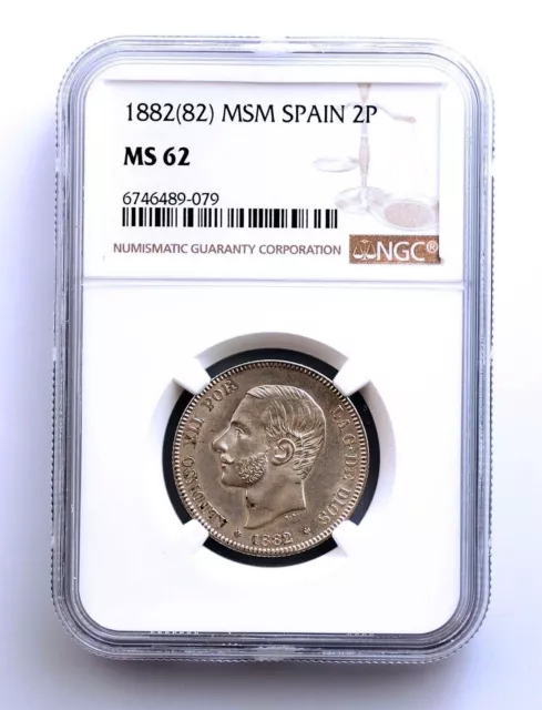 SC Spain-Alfonso XII. 2 Pesetas 1882*18-82 MSM. Madrid. Silver 10 g. NGC MS 62