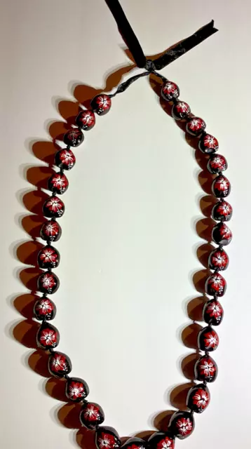 Kukui Nut Lei Red Hibiscus Flower Necklace Graduation Wedding Hawaiian Luau