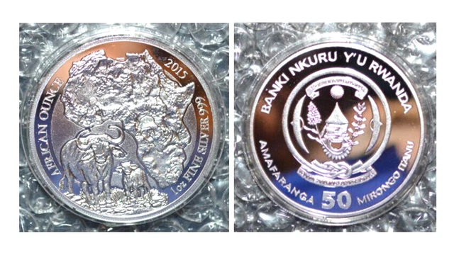 RWANDA 50F - 2015 - African Ounce - BUFFALO - 1 OZ SILVER 99.9% - PROOF+COA+BOX