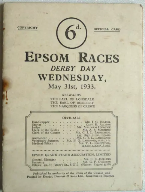 *Very Rare* 90 Year Old Derby Card 1933 Great Racehorse & Stallion **Hyperion**
