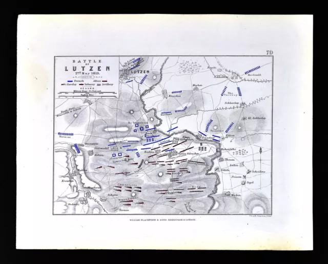 1855 Johnston Military Map - Napoleon - Battle of Lutzen 1813 - Germany France