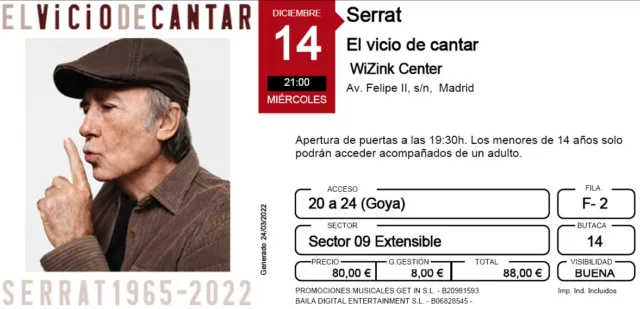 Entradas Concierto Serrat - Madrid 14/12/2022 21:00