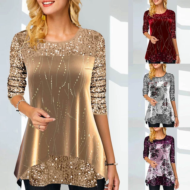 Women Glitter Floral T-Shirt Tunic Top Ladies Long Sleeve Christmas Party Blouse